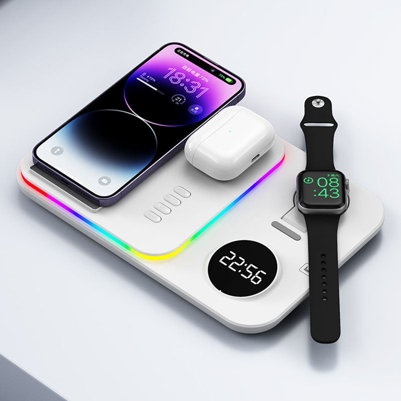 JJT-A82 Folding Cell Phone Wireless Charger RGB Lights Multifunction Headphone Watch Charging Station with Clock