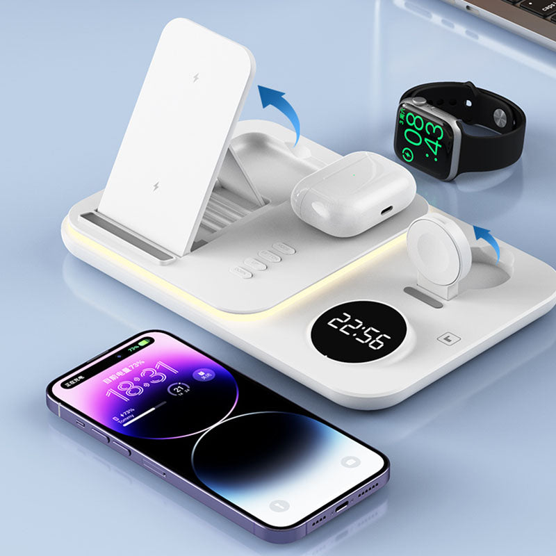 JJT-A82 Folding Cell Phone Wireless Charger RGB Lights Multifunction Headphone Watch Charging Station with Clock