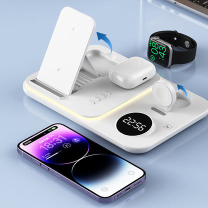JJT-A82 Folding Cell Phone Wireless Charger RGB Lights Multifunction Headphone Watch Charging Station with Clock
