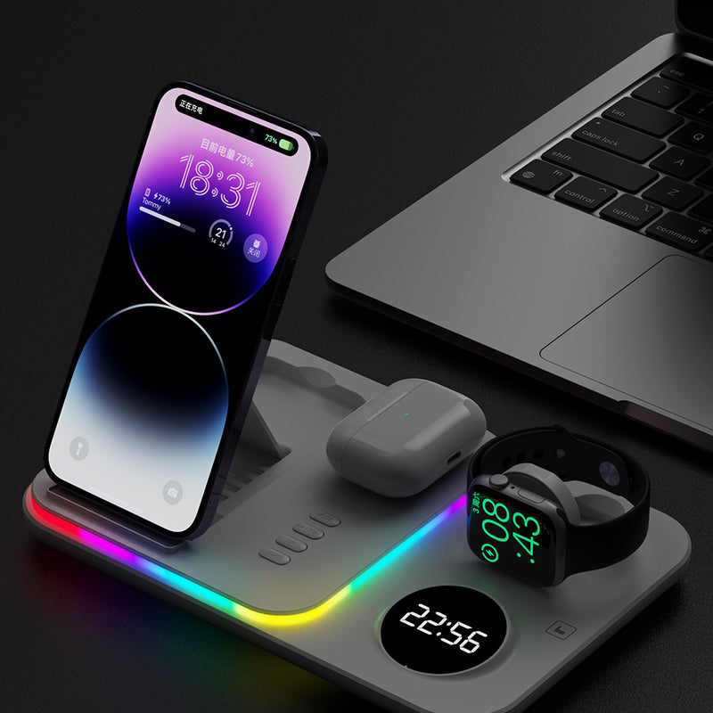 JJT-A82 Folding Cell Phone Wireless Charger RGB Lights Multifunction Headphone Watch Charging Station with Clock