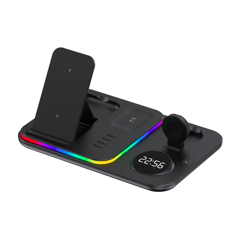JJT-A82 Folding Cell Phone Wireless Charger RGB Lights Multifunction Headphone Watch Charging Station with Clock