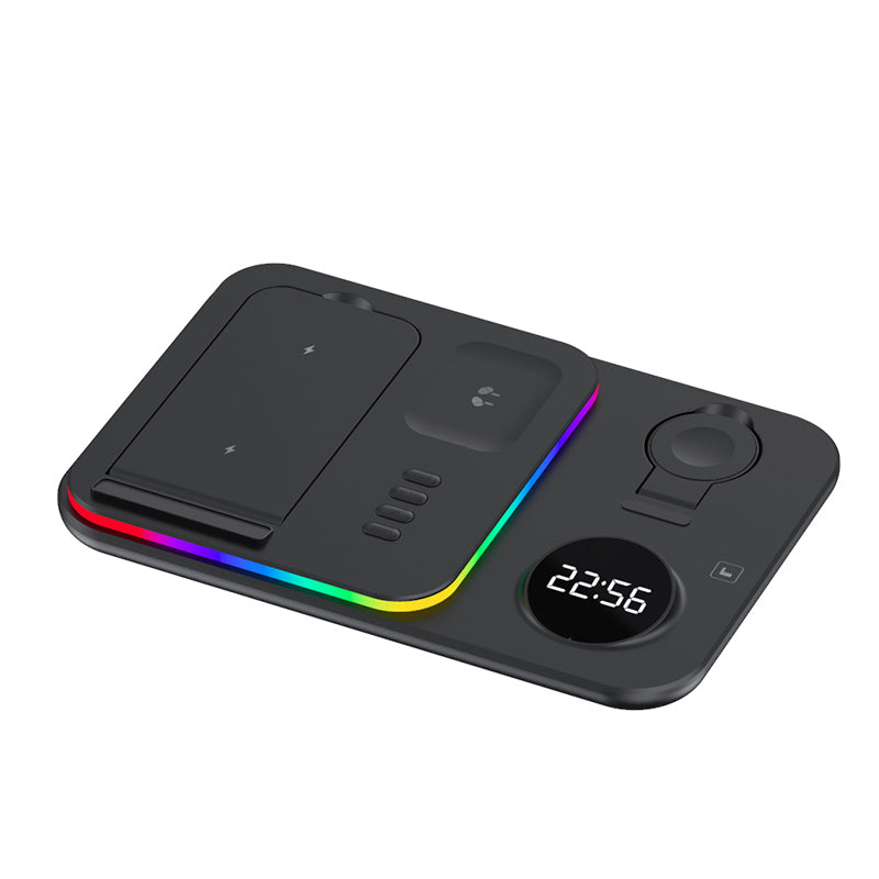JJT-A82 Folding Cell Phone Wireless Charger RGB Lights Multifunction Headphone Watch Charging Station with Clock