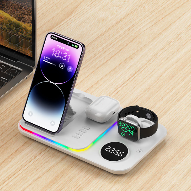 JJT-A82 Folding Cell Phone Wireless Charger RGB Lights Multifunction Headphone Watch Charging Station with Clock