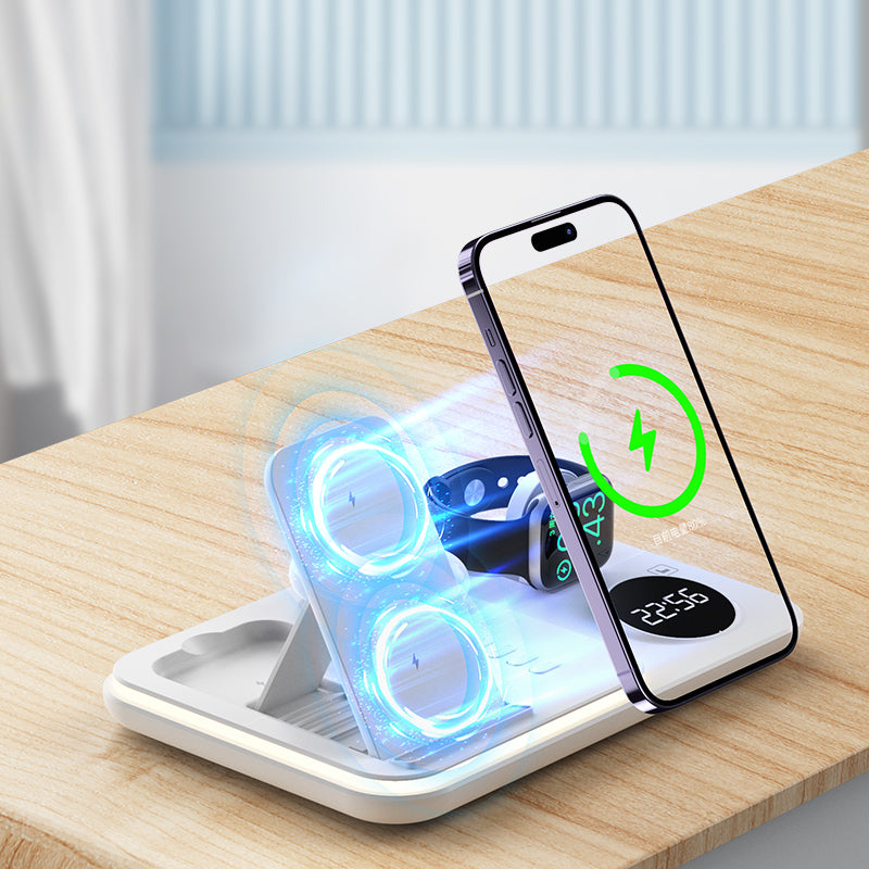 JJT-A82 Folding Cell Phone Wireless Charger RGB Lights Multifunction Headphone Watch Charging Station with Clock