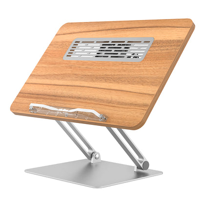 BG-4F Metal+MDF Portable Tablet Stand Height Adjustable Folding Laptop Holder with Cooling Fan, Book Clips