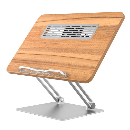 BG-4F Metal+MDF Portable Tablet Stand Height Adjustable Folding Laptop Holder with Cooling Fan, Book Clips
