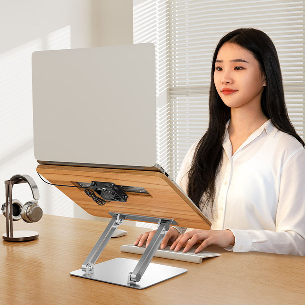 BG-4F Metal+MDF Portable Tablet Stand Height Adjustable Folding Laptop Holder with Cooling Fan, Book Clips