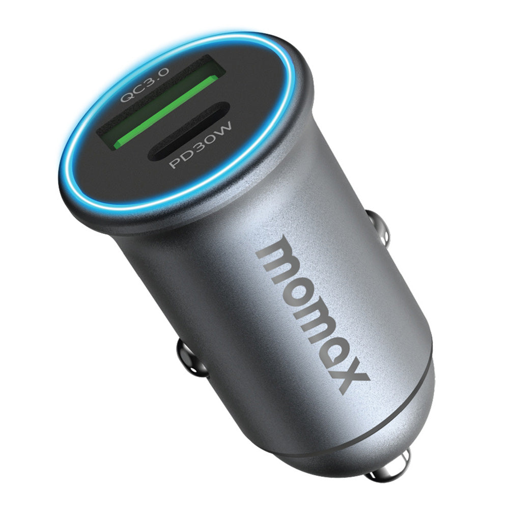 MOMAX PD 30W Type-C+USB Phone Fast Charging Adapter ABS+Aluminum Alloy Car Charger (CE Certified)