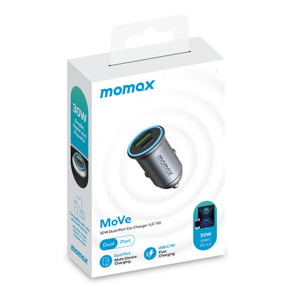 MOMAX PD 30W Type-C+USB Phone Fast Charging Adapter ABS+Aluminum Alloy Car Charger (CE Certified)