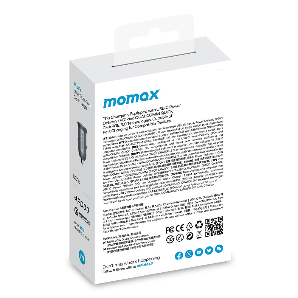 MOMAX PD 30W Type-C+USB Phone Fast Charging Adapter ABS+Aluminum Alloy Car Charger (CE Certified)