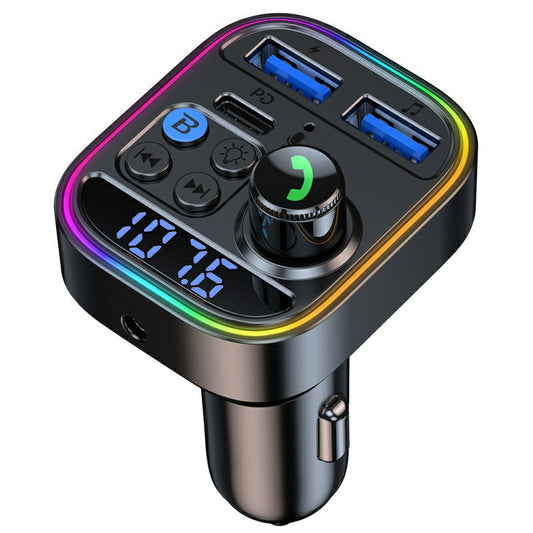 T18 Colorful Light Ring Bluetooth Hands-free Call MP3 Player Type-C + Dual USB Car Charger FM Transmitter (CE Certified)