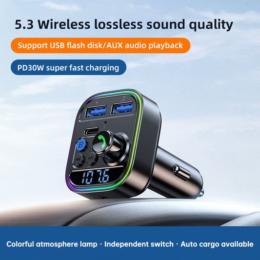 T18 Colorful Light Ring Bluetooth Hands-free Call MP3 Player Type-C + Dual USB Car Charger FM Transmitter (CE Certified)