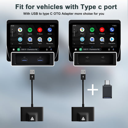 THT-020-3+ Wireless Android Auto Adapter Wired to Wireless CarPlay Converter Support USB and Type-C Port