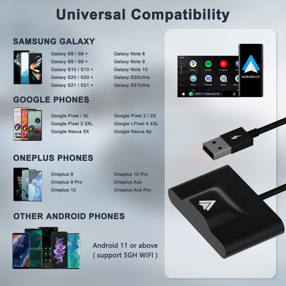 THT-020-3+ Wireless Android Auto Adapter Wired to Wireless CarPlay Converter Support USB and Type-C Port