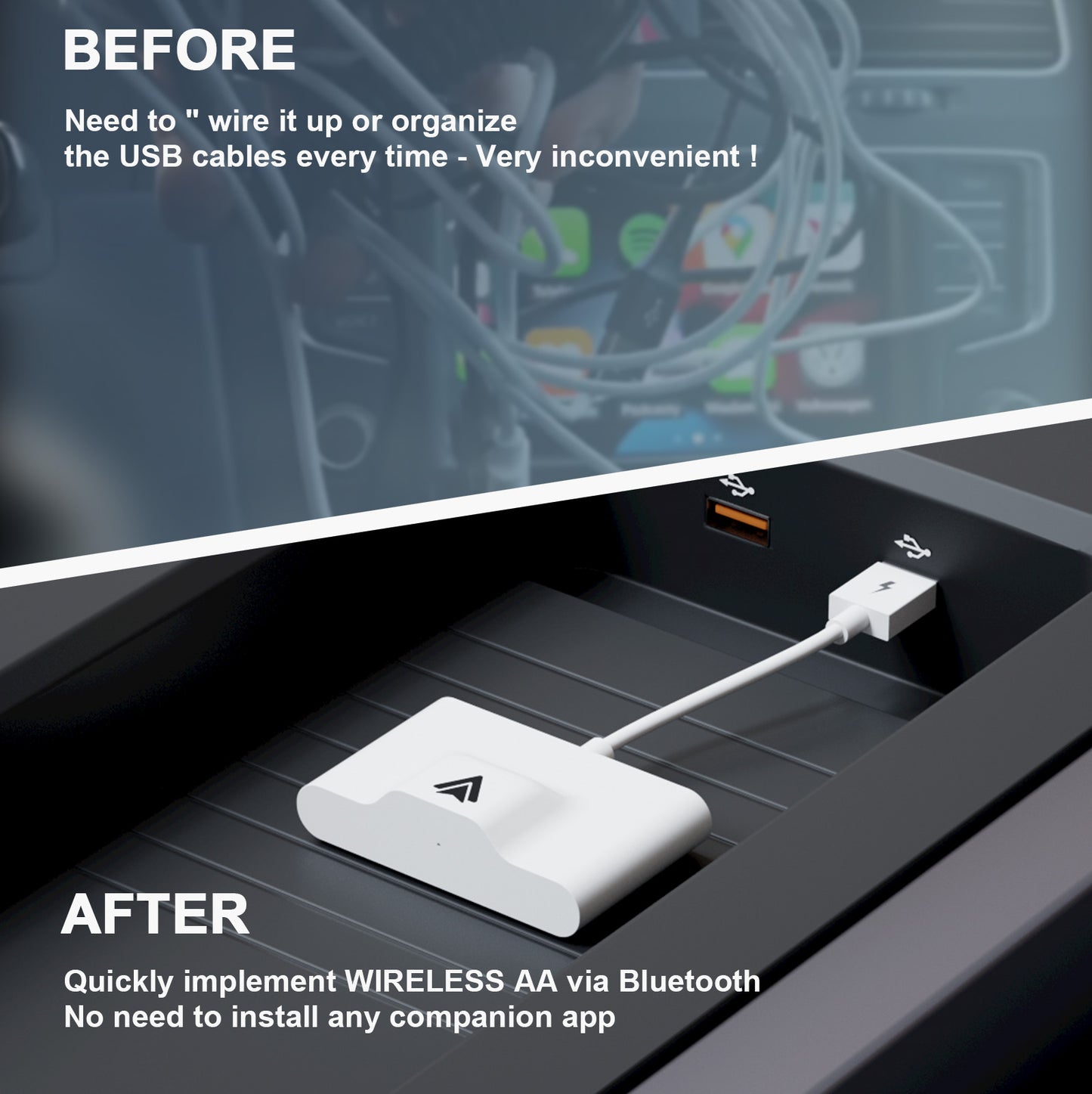 THT-020-3+ Wireless Android Auto Adapter Wired to Wireless CarPlay Converter Support USB and Type-C Port