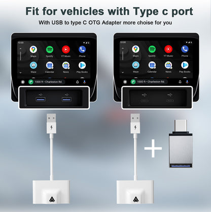 THT-020-3+ Wireless Android Auto Adapter Wired to Wireless CarPlay Converter Support USB and Type-C Port