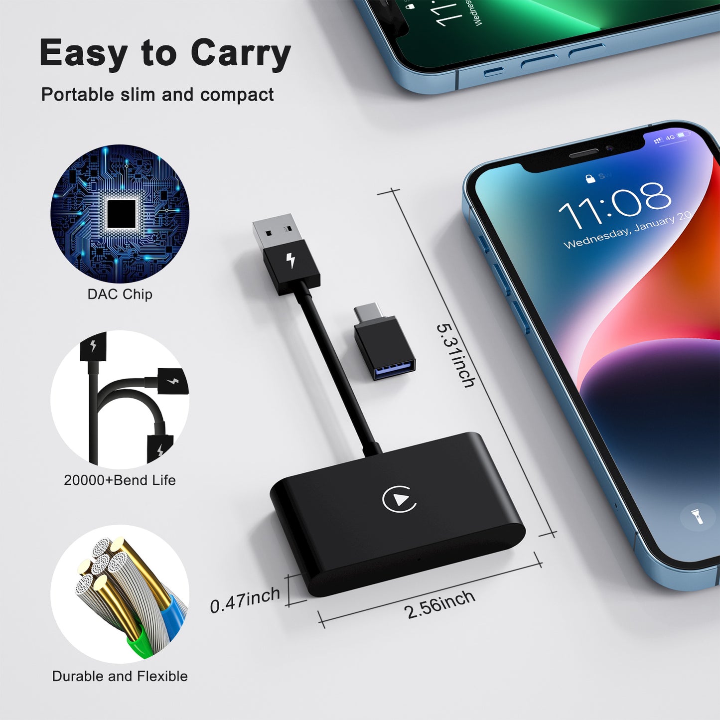 THT-020-2 iP Wireless CarPlay Converter Dongle for Wired CarPlay Car Adapter Support Online Update, Plug & Play
