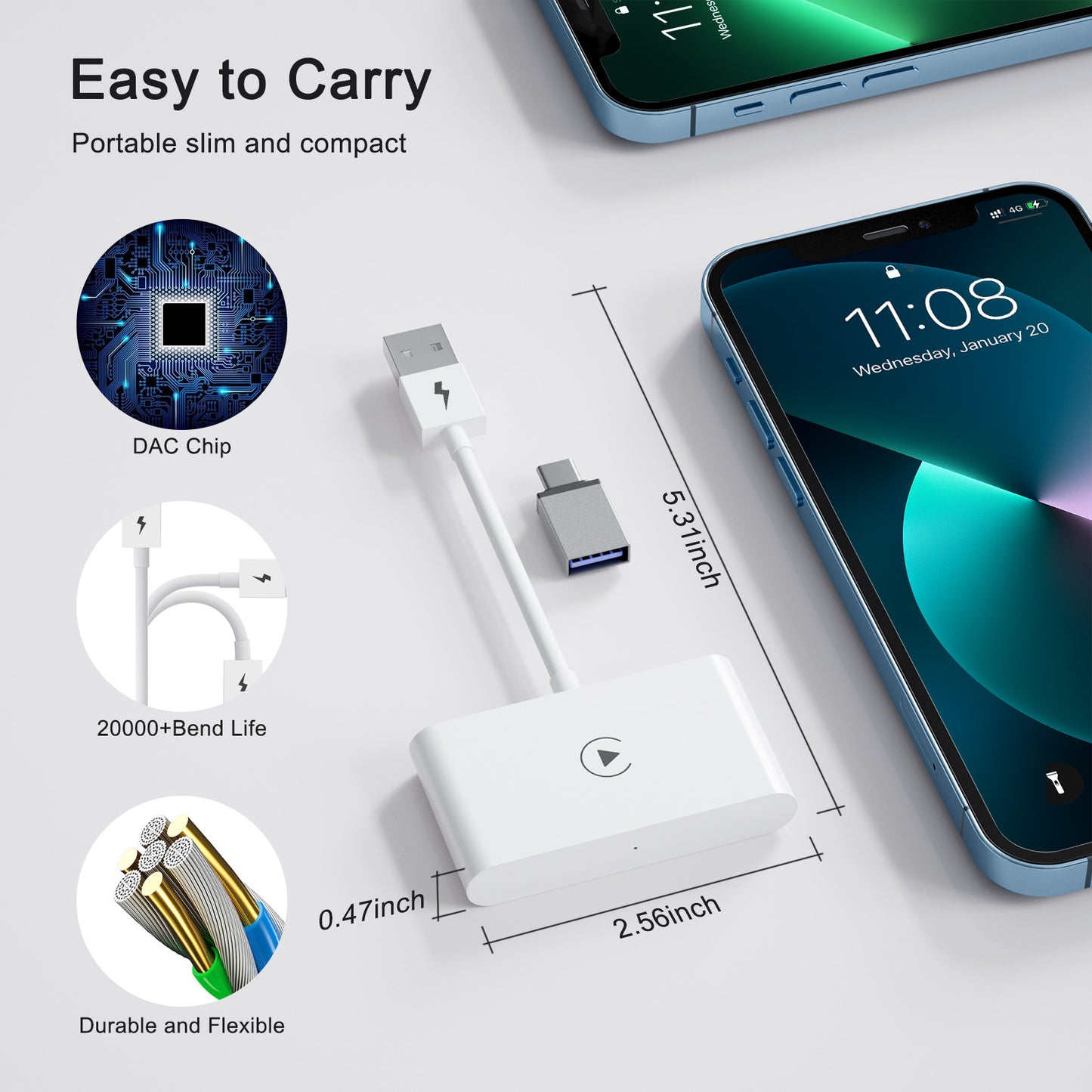 THT-020-2 iP Wireless CarPlay Converter Dongle for Wired CarPlay Car Adapter Support Online Update, Plug & Play