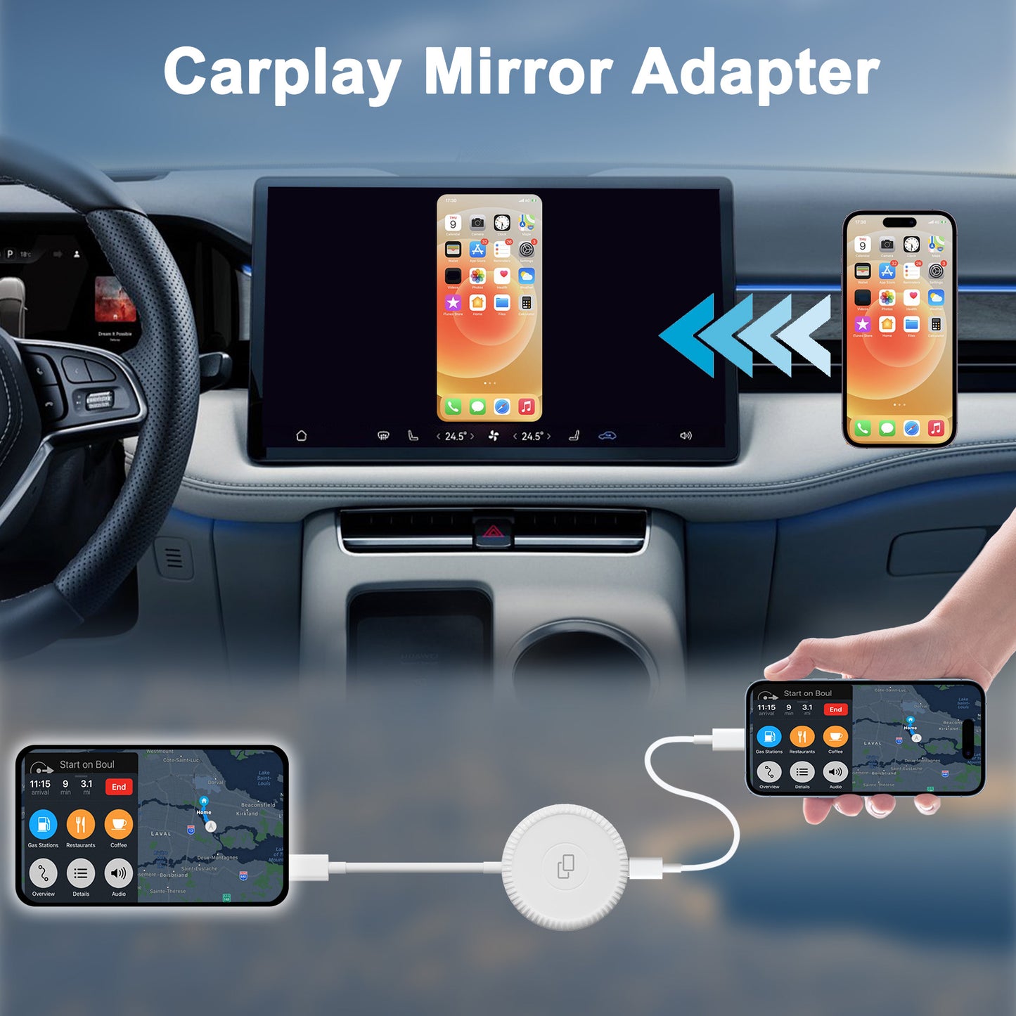THT-020-6-1 Wired Car Mirror Adapter for iPhone Carplay to Car Display Adapter with USB-A Adapter, AI BOX Carplay Mirror Dongle