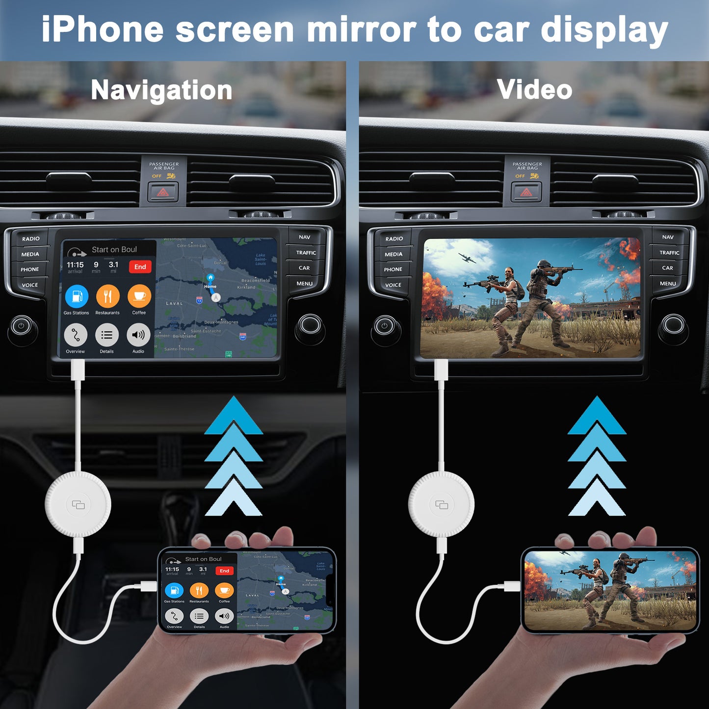 THT-020-6-1 Wired Car Mirror Adapter for iPhone Carplay to Car Display Adapter with USB-A Adapter, AI BOX Carplay Mirror Dongle