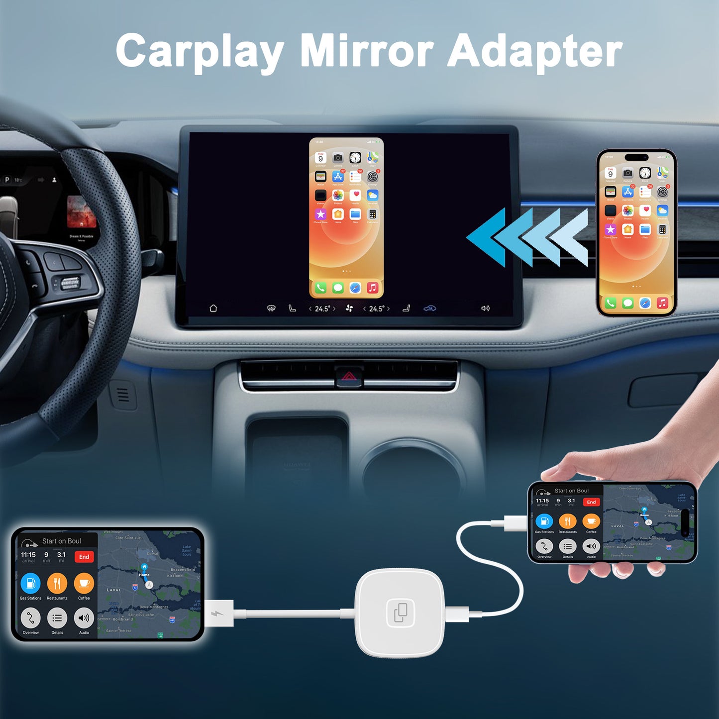 THT-020-7 Car Mirror Adapter AI BOX for iPhone Carplay to Car Display Adapter with USB-C Adapter, Wired Carplay Mirror Dongle