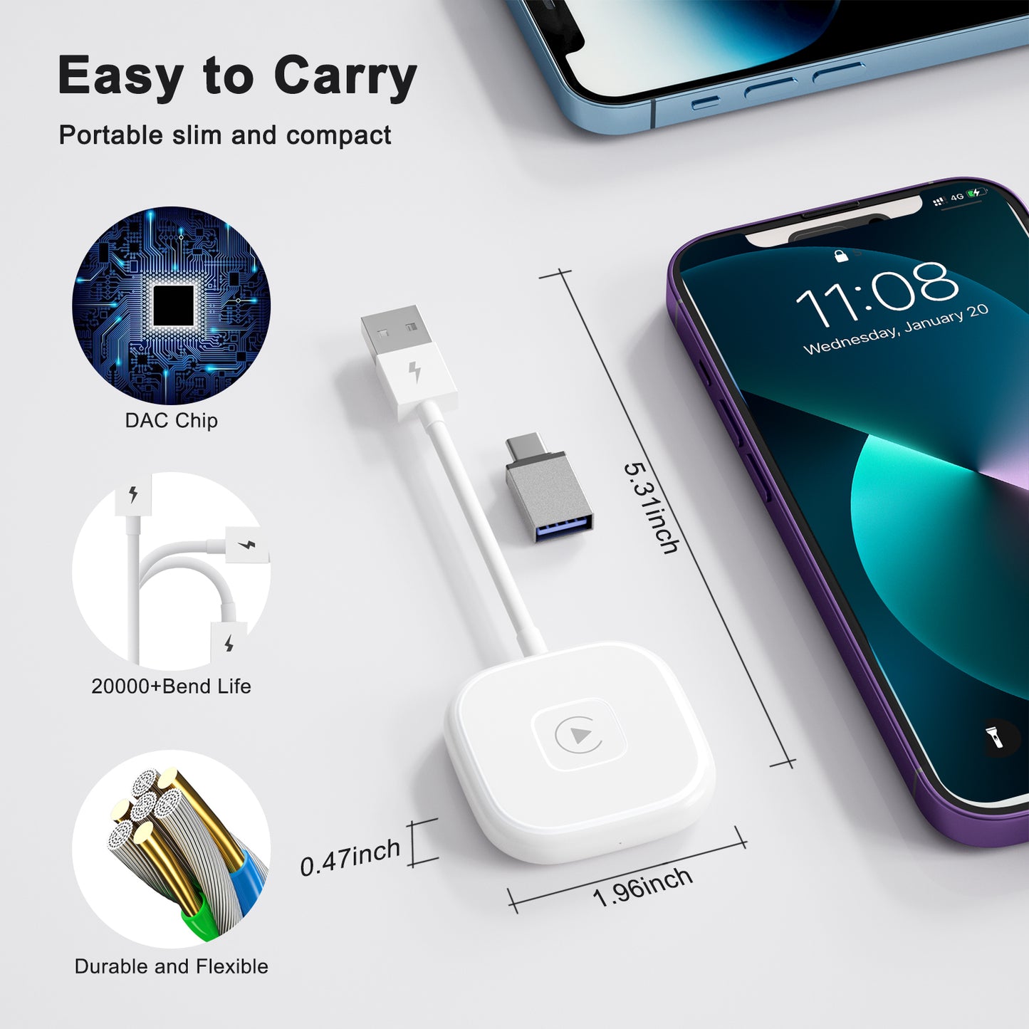 THT-020-4 Wireless CarPlay Adapter, CarPlay Dongle AI BOX for Wired CarPlay Cars, Wired to Wireless CarPlay Converter