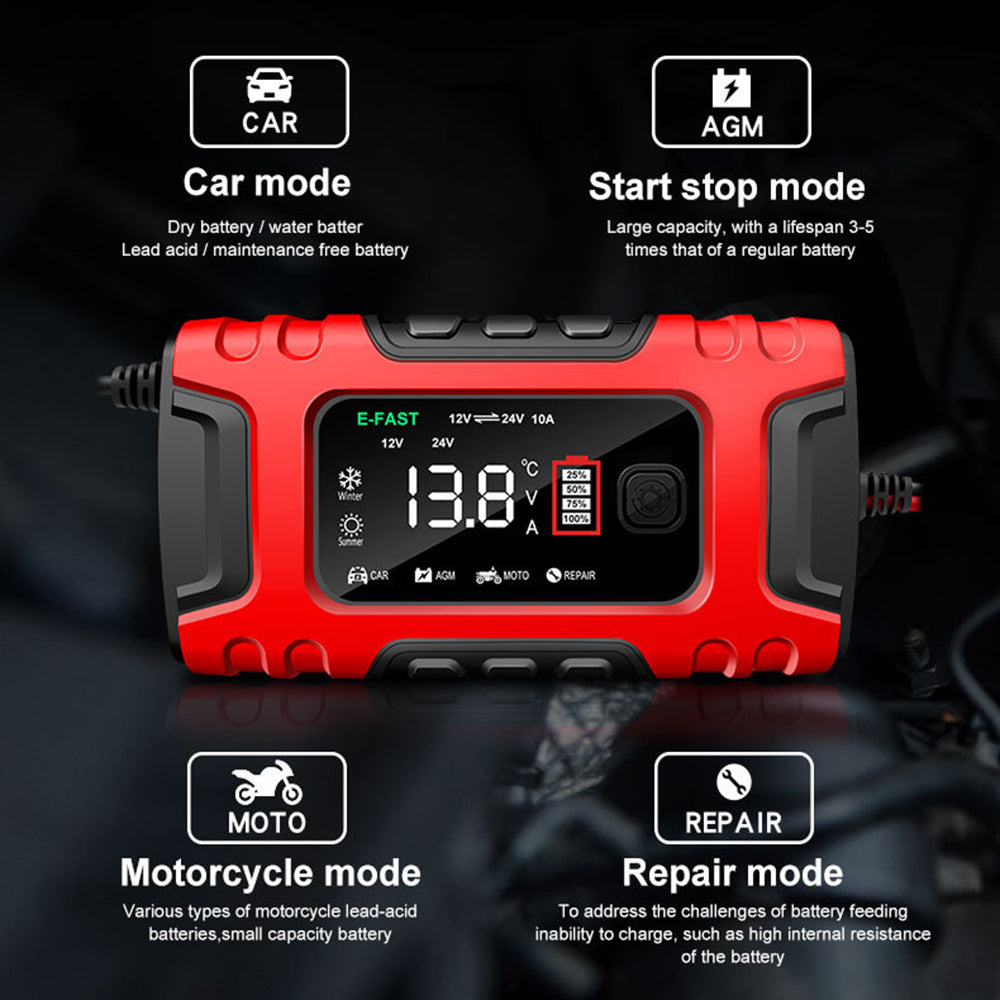 E-FAST TK-600 7-Stage Automatic Charger 12V / 24V Large Screen Car Battery Charger for Motorbikes, Trucks, etc.