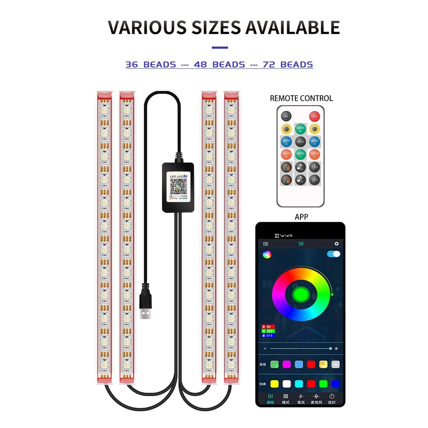 M1U48 48 LED Beads Interior Car Lights Bluetooth APP Controlled Colorful Ambient Lights for Car SUV Footwell