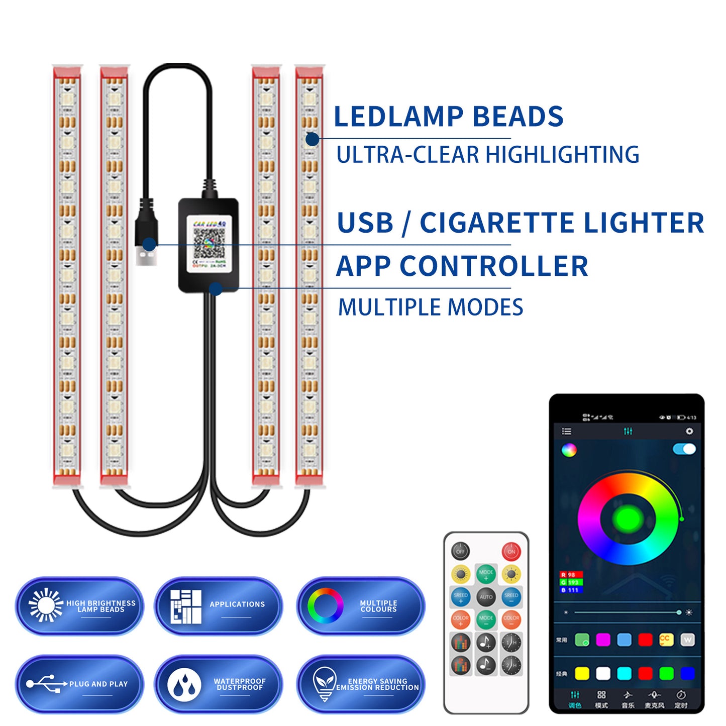 M1U36 36 LED Beads Bluetooth APP Controlled Colorful SUV Footwell Ambient Lights Car Interior Lights