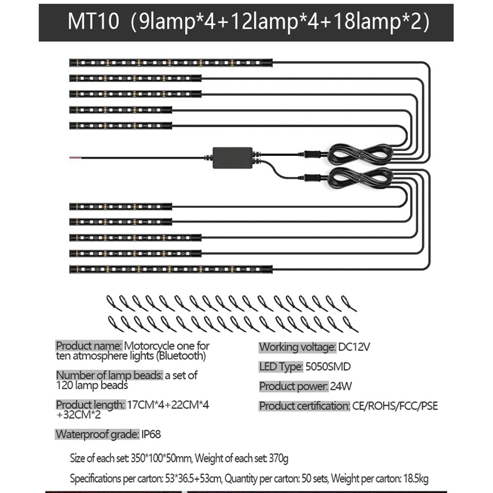 MT10 10-in-1 Silicone Light Strip Bluetooth APP Control Warning Light Motorcycle Chassis Atmosphere Light