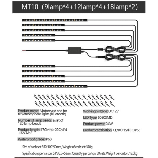 MT10 10-in-1 Silicone Light Strip Bluetooth APP Control Warning Light Motorcycle Chassis Atmosphere Light
