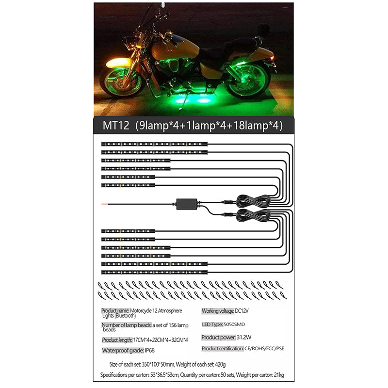 MT12 12-in-1 Motorbike Silicone Light Strip Bluetooth APP Control Motorcycle Decorative Atmosphere Light