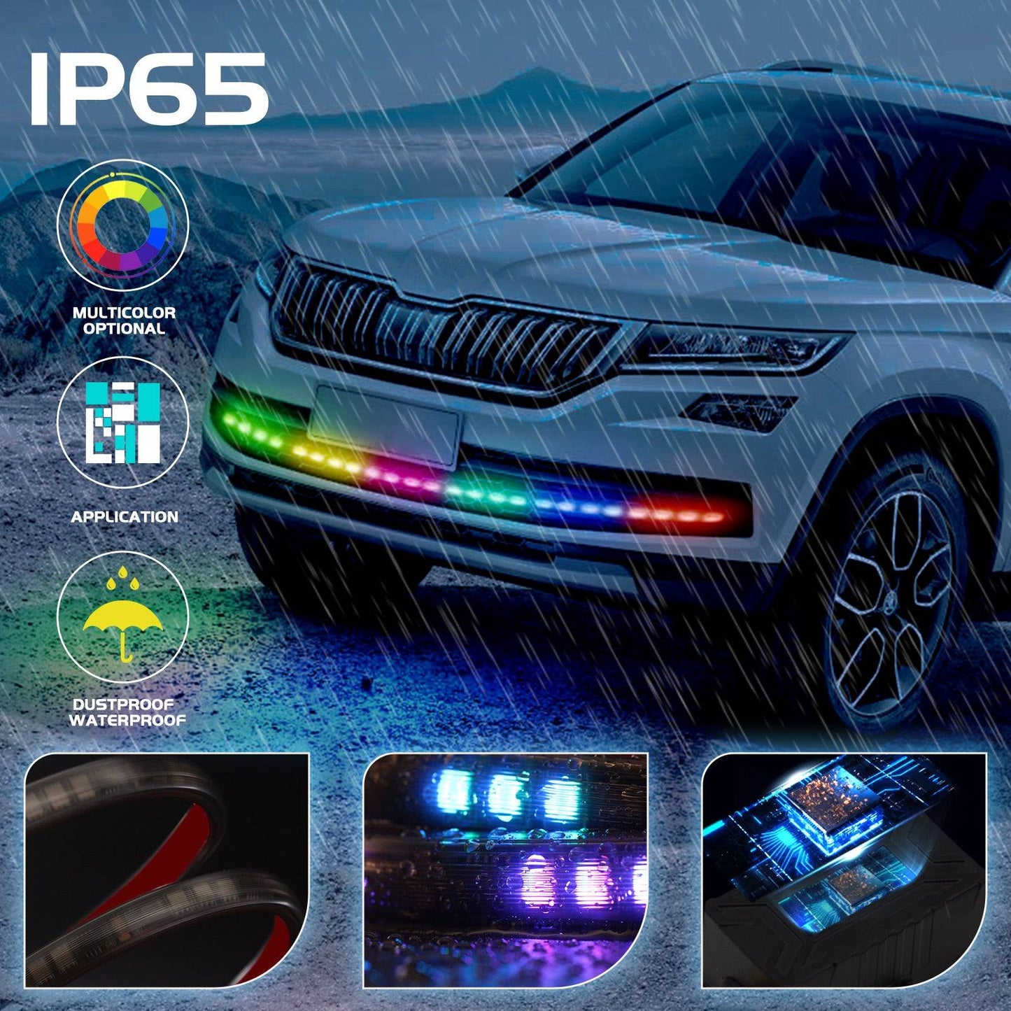 A15 150cm 5050 LED RGB Daytime Running Light Strip Car Front Bumper Grille Bluetooth APP Control Warning Light