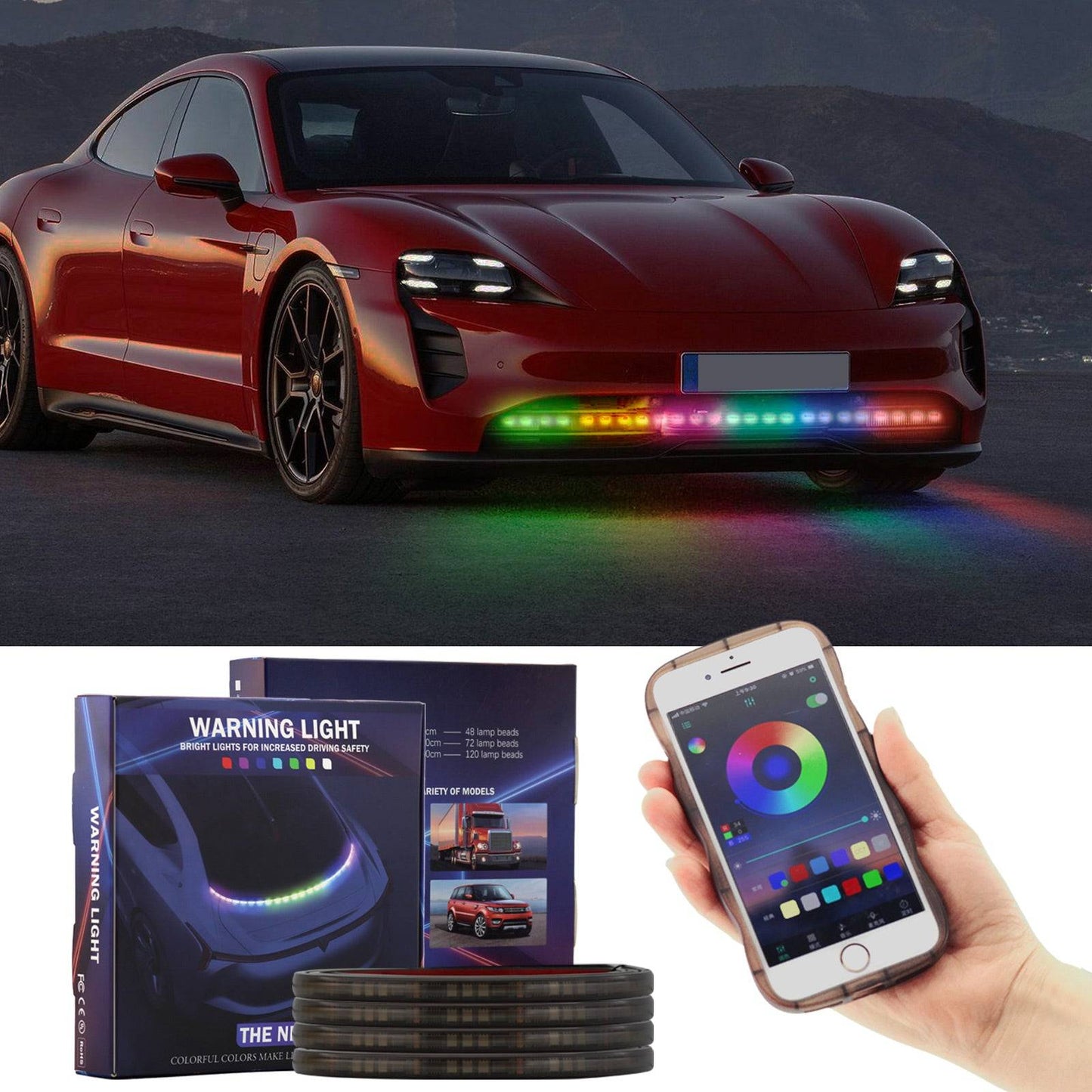 A15 150cm 5050 LED RGB Daytime Running Light Strip Car Front Bumper Grille Bluetooth APP Control Warning Light