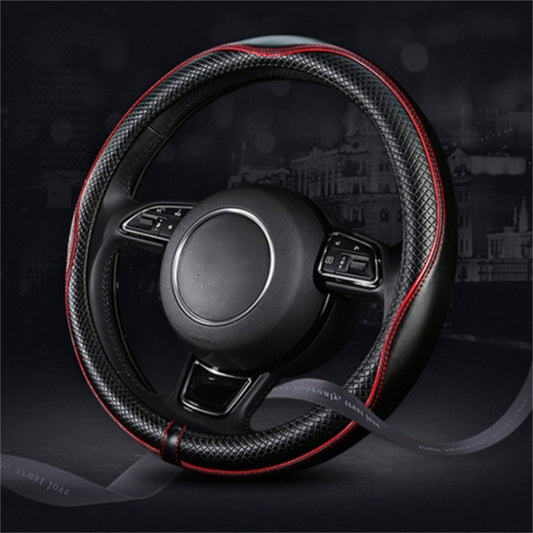 Universal 38cm Car Steering Wheel Cover Embossing Genuine Cow Leather Wheel Sleeve Protector, Round Type