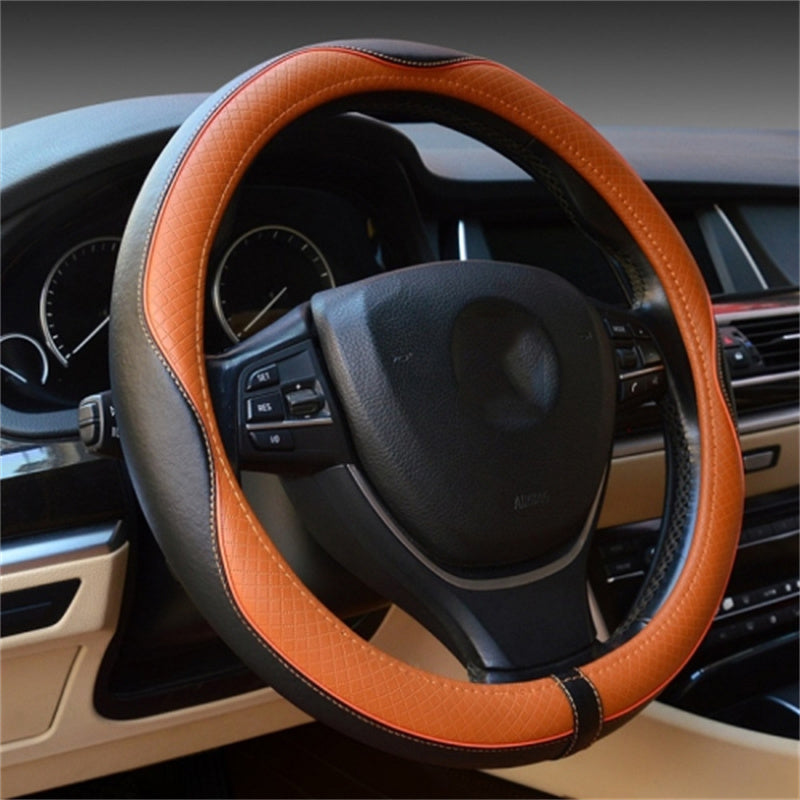 Universal 38cm Car Steering Wheel Cover Embossing Genuine Cow Leather Wheel Sleeve Protector, Round Type