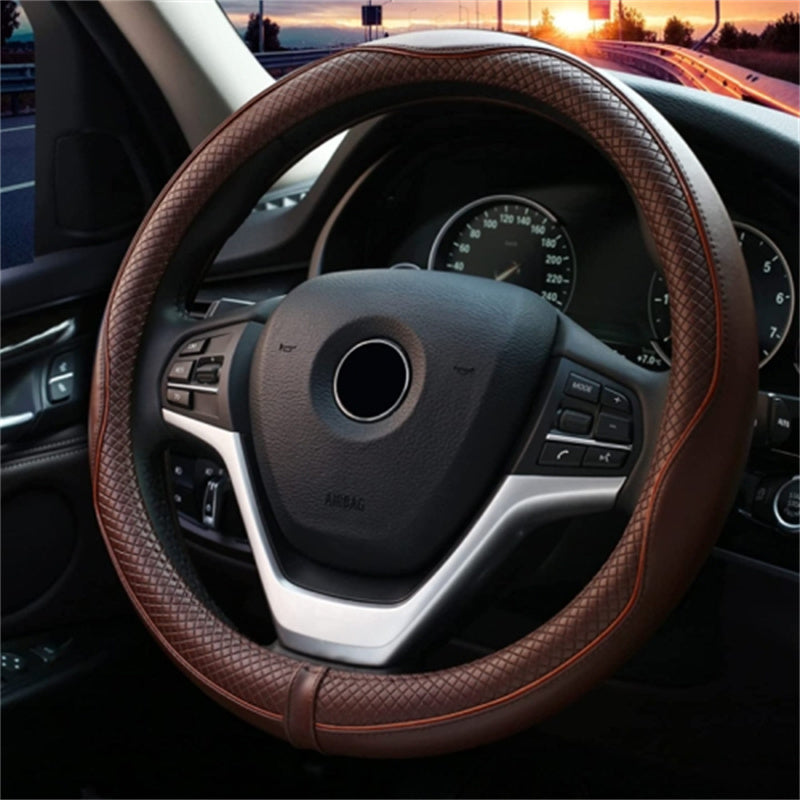 Universal 38cm Car Steering Wheel Cover Embossing Genuine Cow Leather Wheel Sleeve Protector, Round Type