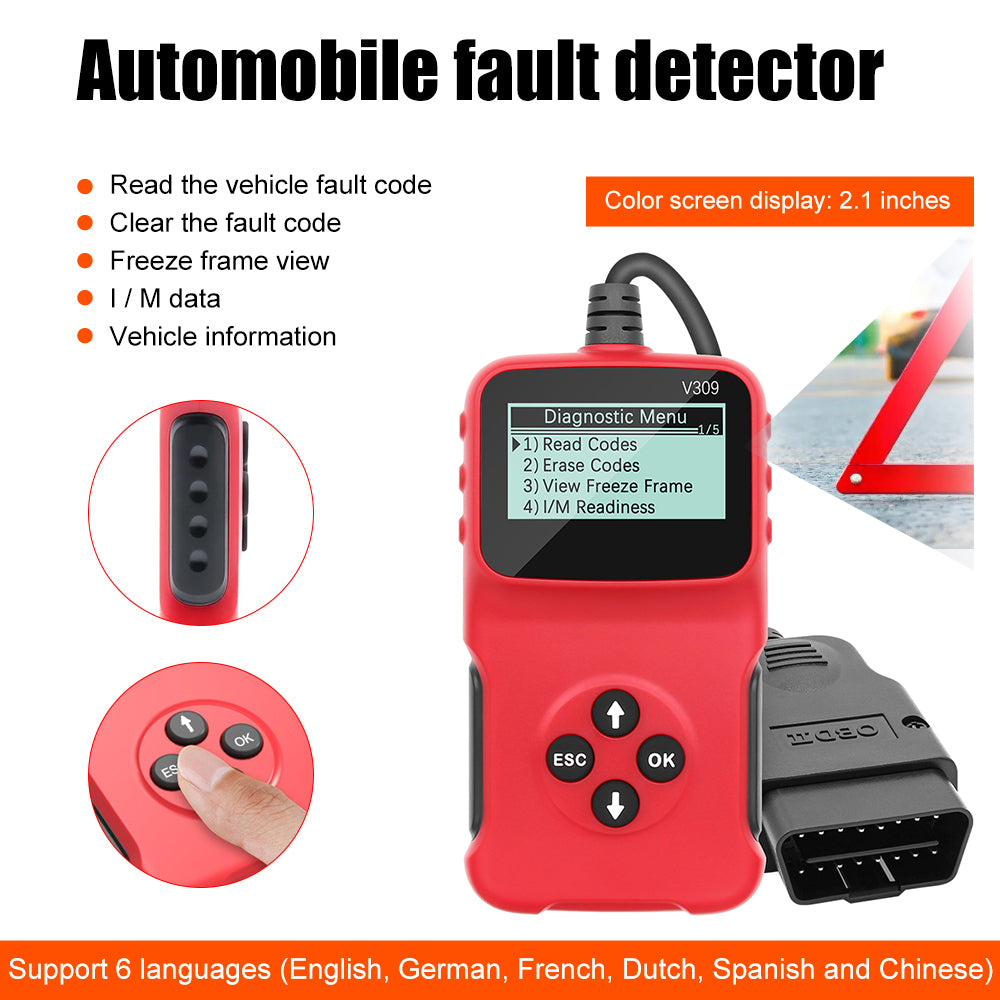 V309 Car Engine Scanner OBD2 ELM327 Vehicle Code Reader Diagnostic Analyzer Support Multiple Languages