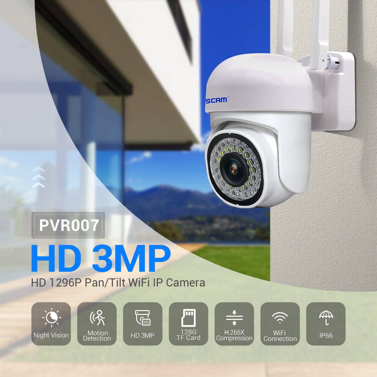ESCAM PVR007 H.265 3MP HD Full Color Camera Night Vision Motion Detection IP Camera Sound Alarm 128G WiFi Camera