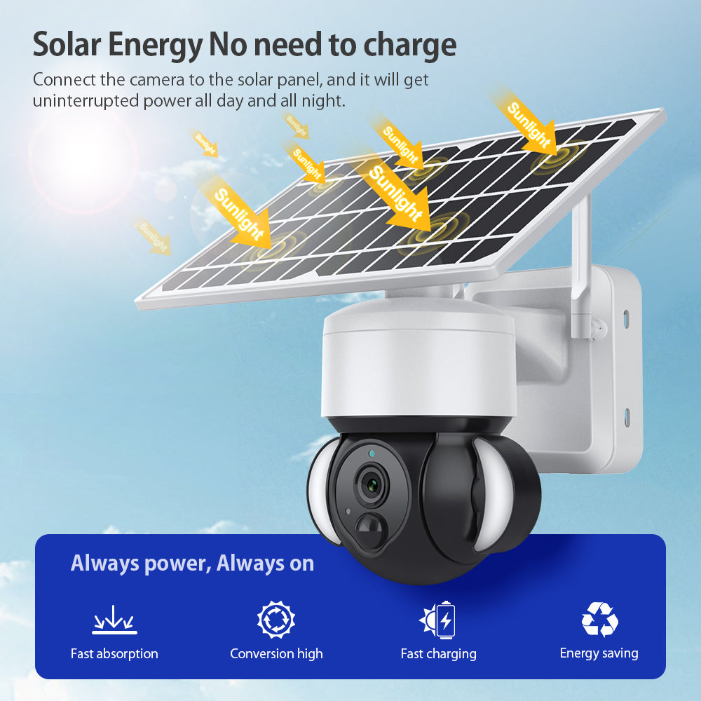 S518 Solar Battery Powered Floodlight PTZ Camera Outdoor Low Power 3MP WiFi Camera, Black Light Full-Color