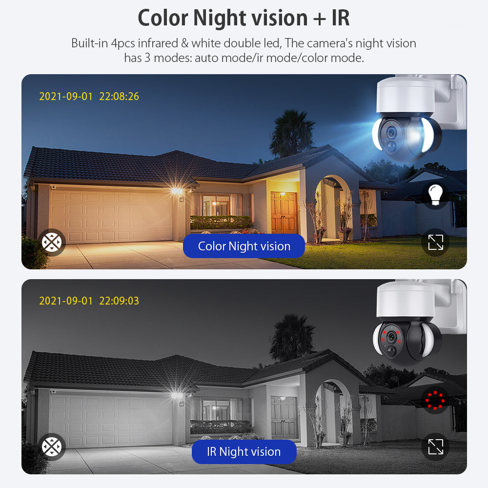 S518 Solar Battery Powered Floodlight PTZ Camera Outdoor Low Power 3MP WiFi Camera, Black Light Full-Color