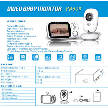 3.2 inch TFT LCD Screen Wireless Baby Care Monitor Camera Indoor Home Two Way Audio HD Camera