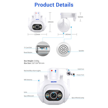 ESCAM PT304 4MP Human Detection Motion Camera WiFi Blue / Red Light Sound Alarm Smart Dual Light Night Vision H.265 Camera