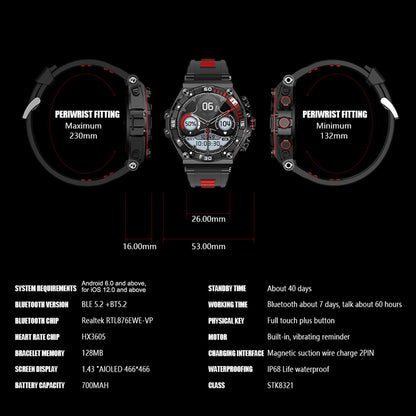 CT18 1.43 AMOLED Screen Watch Heart Rate Intelligent Monitoring Waterproof Sports Smart Bracelet