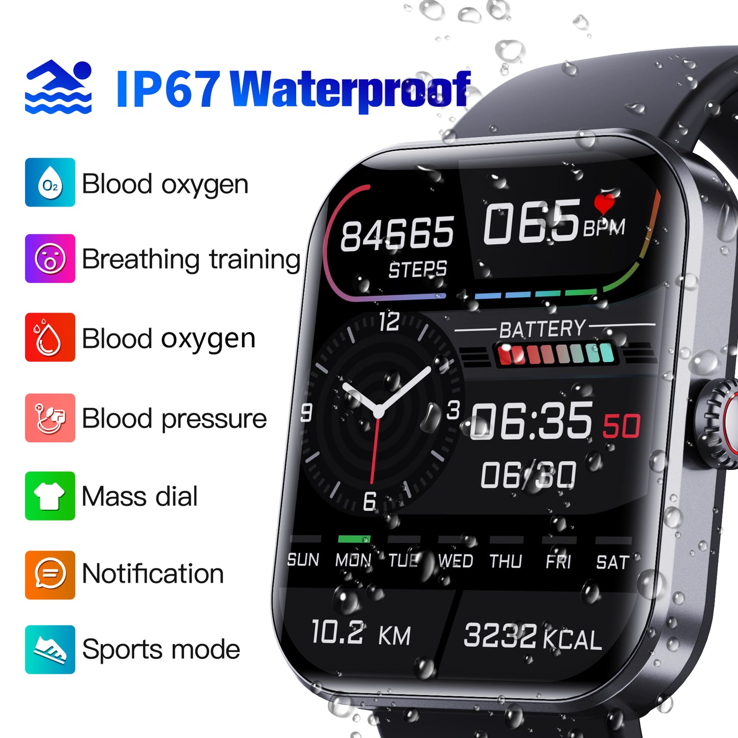 F57L 1.91 Smart Watch Waterproof Sports Bracelet with Blood Glucose, Heart Rate, Blood Oxygen, Temperature Detection
