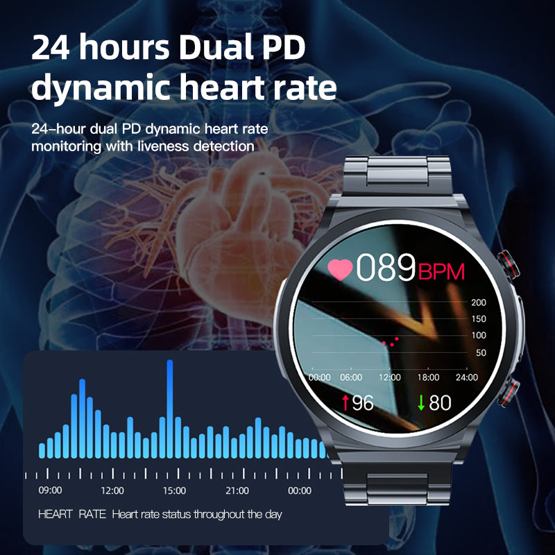 TK21P ECG Pulse Physiotherapy Blood Sugar Monitor Smart Watch IP67 Waterproof Sports Bracelet, Steel Strap