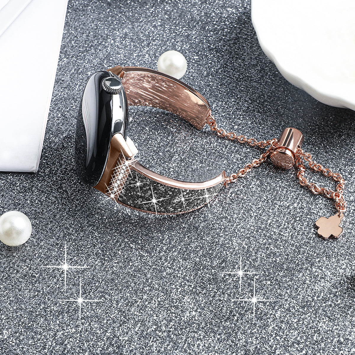 Chain Watch Band for Garmin Venu 2 / Forerunner 265 / 255 , Rhinestone Decor 22mm Metal Wristband Strap