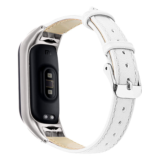 For Xiaomi Smart Band 8 Watch Bands Genuine Cowhide Leather Straps with Silver Watch Case