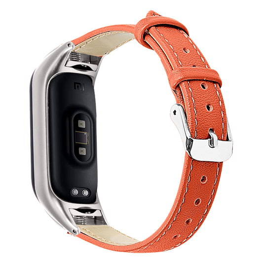 For Xiaomi Smart Band 8 Watch Bands Genuine Cowhide Leather Straps with Silver Watch Case