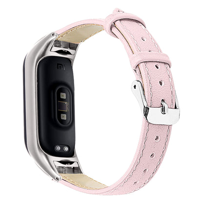 For Xiaomi Smart Band 8 Watch Bands Genuine Cowhide Leather Straps with Silver Watch Case